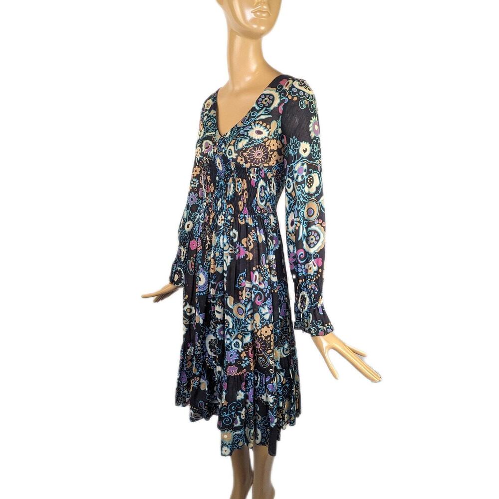 1960s dark floral psychedelic‎ long sleeve minidress vintage bell sleeve flare - Picture 2 of 6